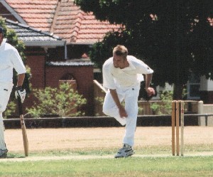 Ace bowler Paul Nicol in action against St Bernards 2003/04